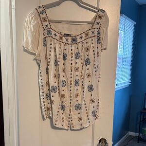Torrid Cream and Blue Embroidered Blouse